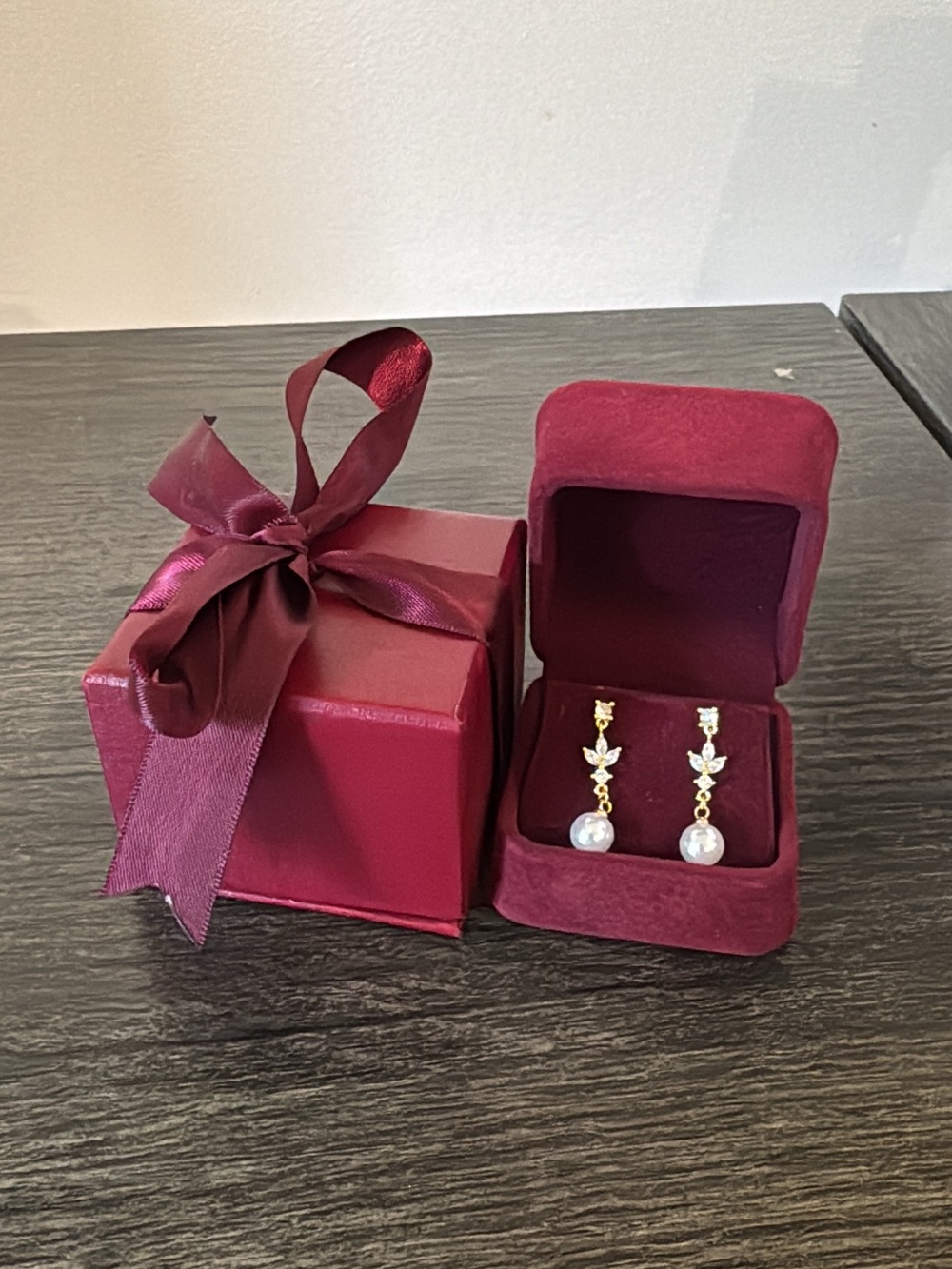 Gold-Tone Pearl Drop Earrings with Burgundy Accents